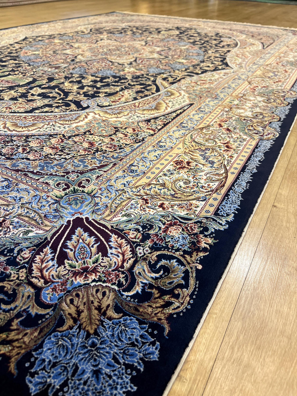 5x8 ft Black Blue Silk Carpet, Luxury Turkish Home Decor, Medallion Silk Rug