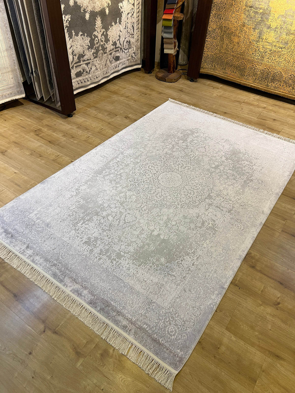 Gray Bamboo Medallion Rug, Turkish Carpet, Home Decor (5x8 ft)