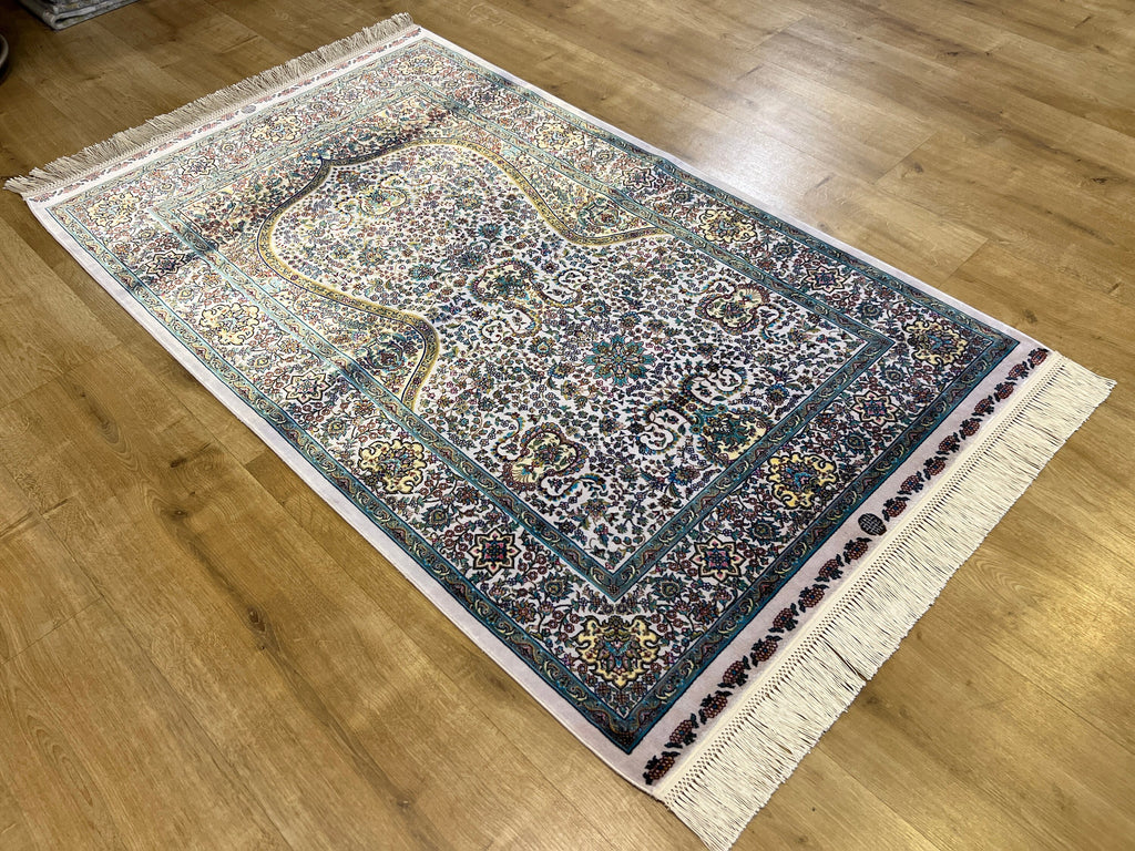 2.62X4.10 ft Ivory Silk Prayer Rug, Green Gold Floral Design, Muslim Prayer Mat