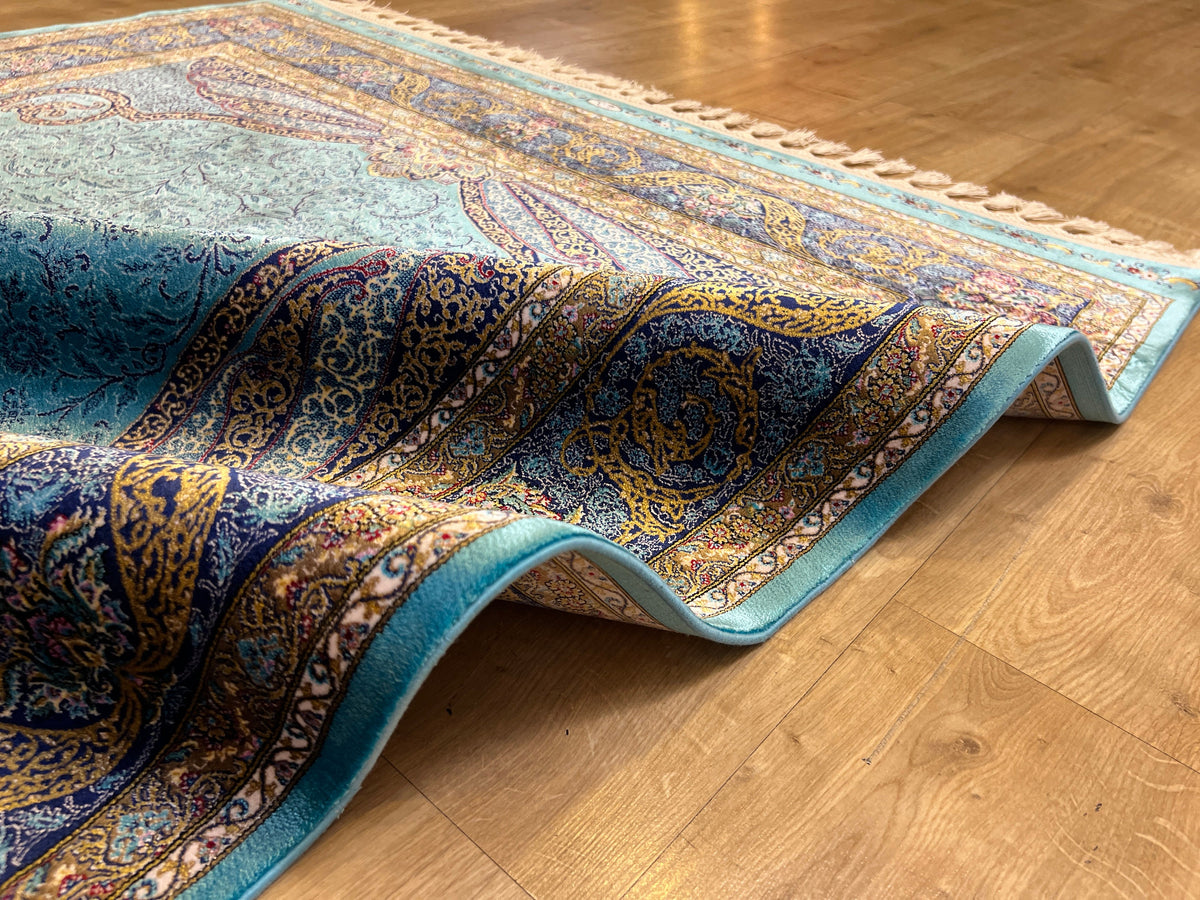 Blue Gold Modal Silk Rug, Classic Turkish Style, Medallion Pattern