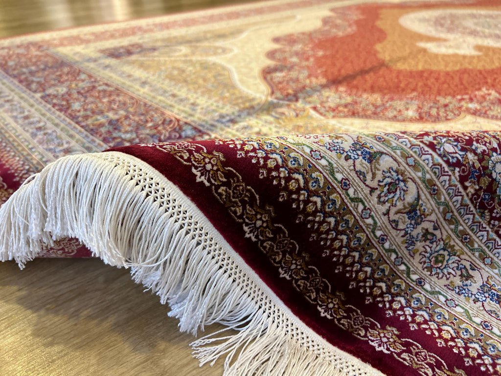 7x10 ft Red Modal Silk Rug, Ornate Medallion Floral Pattern, Luxury Turkish Large Carpet