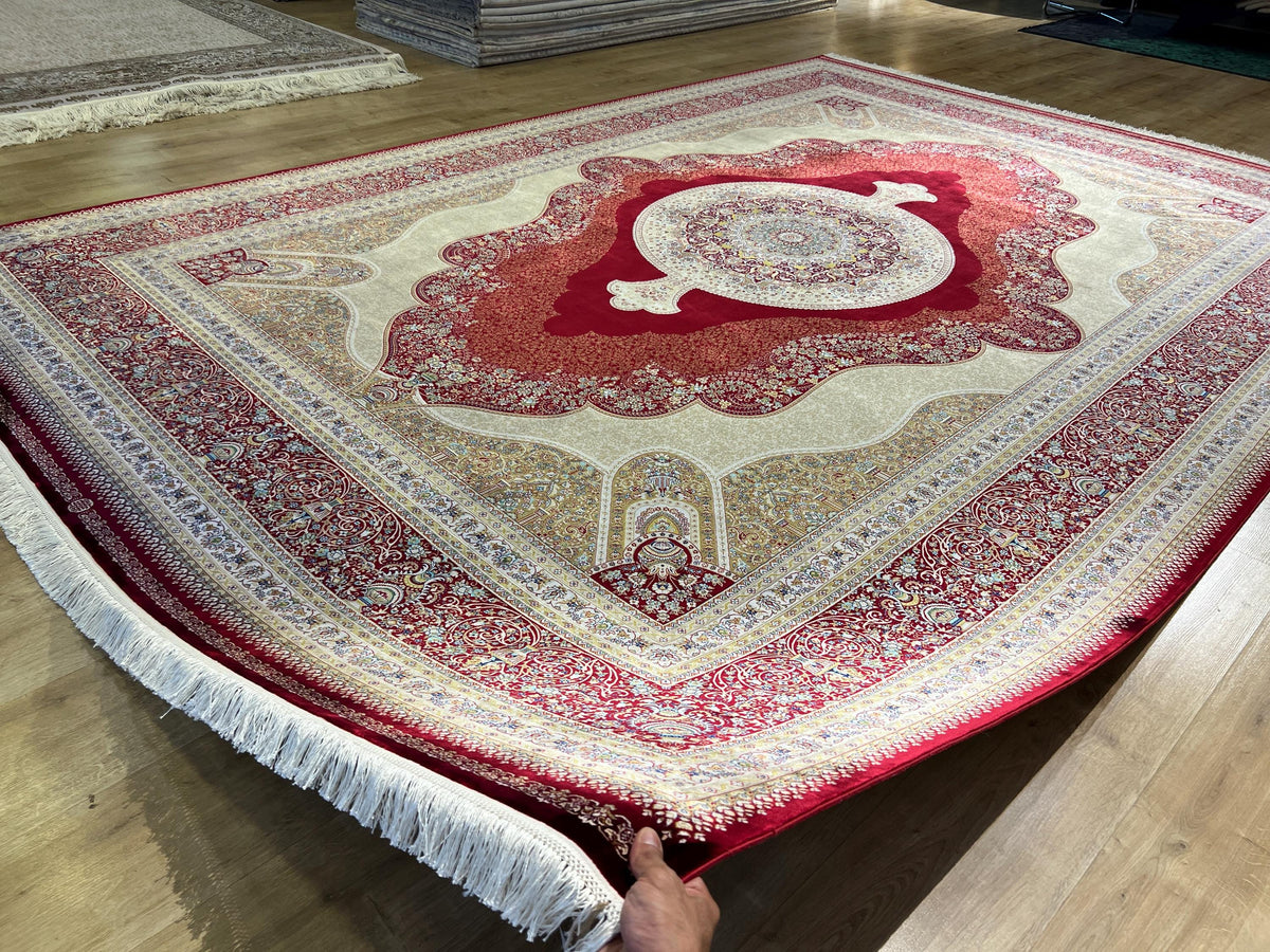 Red Modal Silk Turkish Rug, Palace Design 8x11 ft