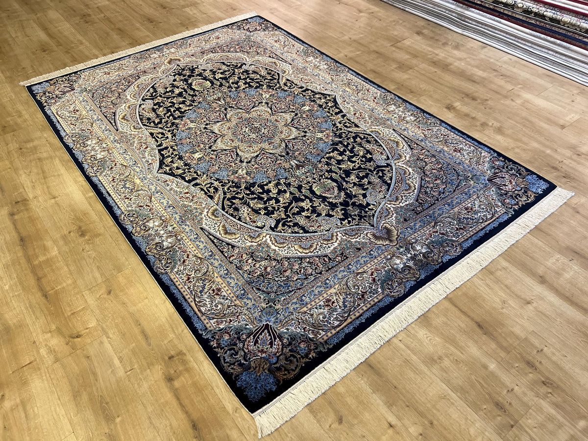 5x8 ft Black Blue Silk Carpet, Luxury Turkish Home Decor, Medallion Silk Rug