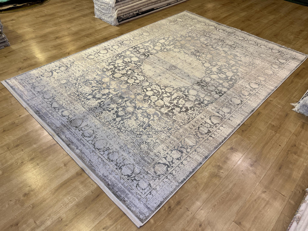 7x10 Gray Bamboo Acrylic Rug, Modern Medallion Pattern, Luxury Living Room Carpet