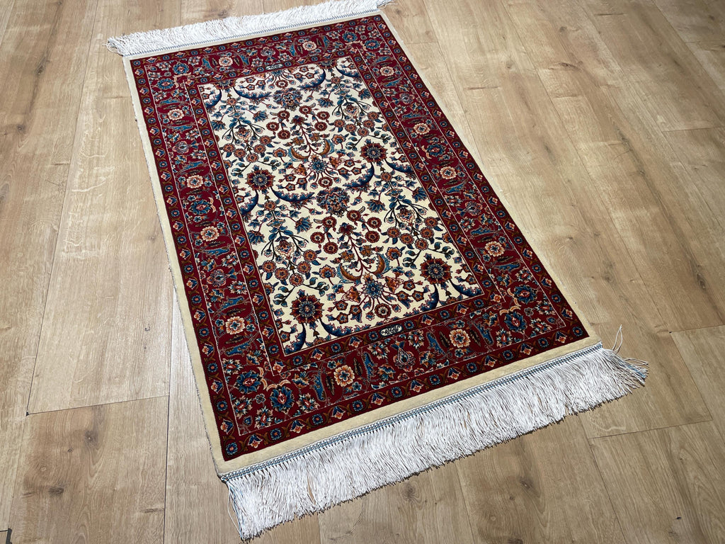 Cream Small Silk Rug, Red Bordered Floral Silk Mat, Luxury Home Decor
