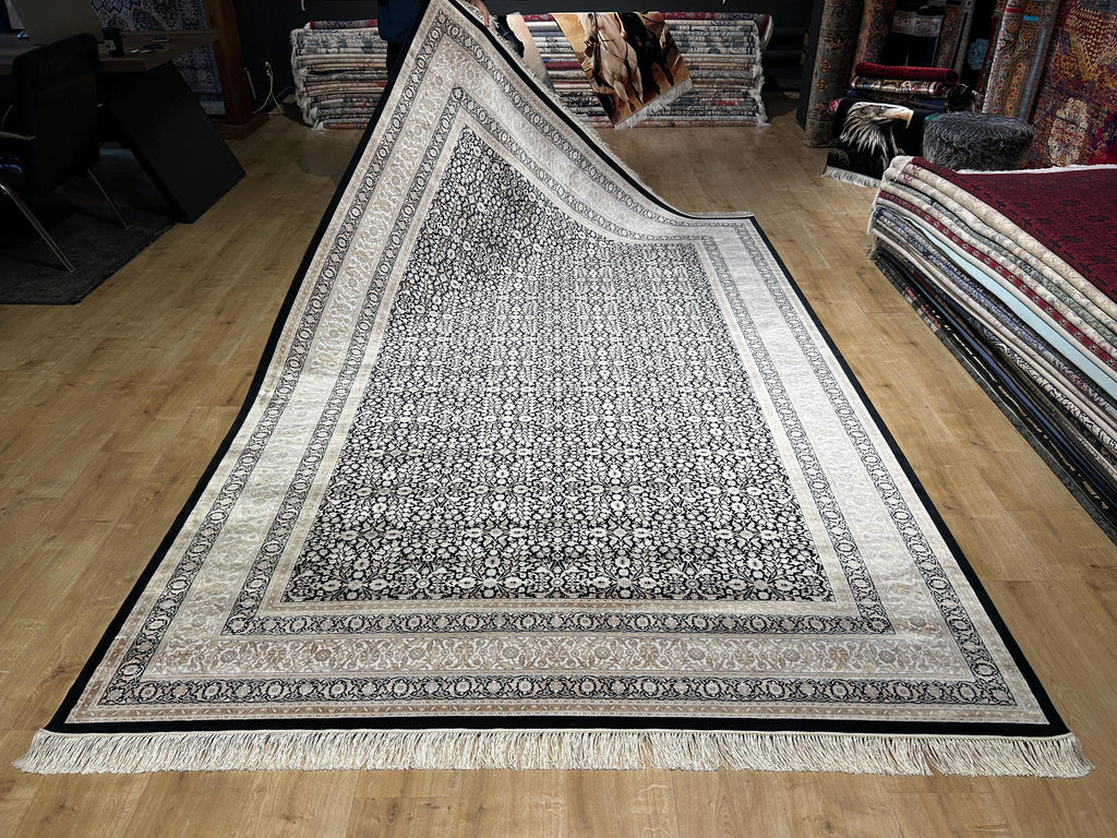Black Silk Rug with Beige Floral Pattern, Classic Turkish Rug