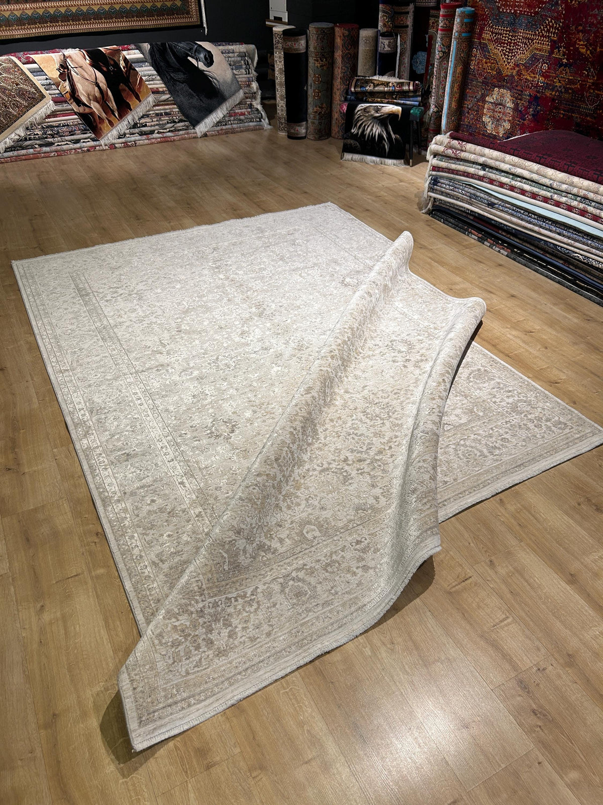 Gray Beige Floral Bamboo Rug with Ethnic Modern Patterns
