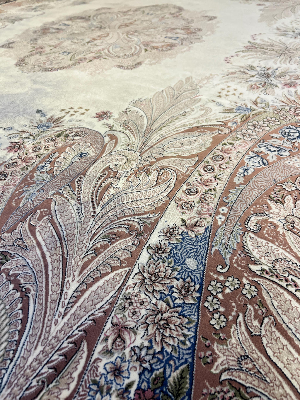 7x10 ft Luxury Cream Silk Rug, Brown Medallion Classic Design, Oversize Rug