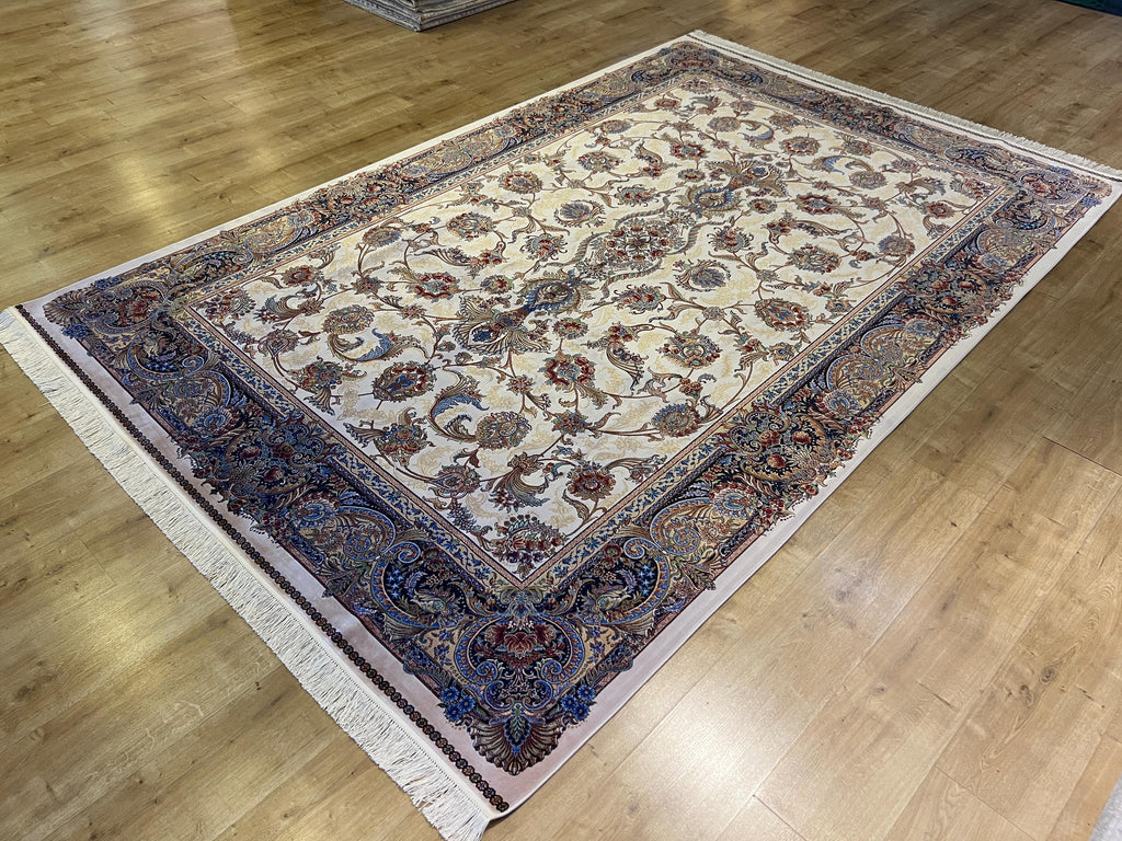 7x10 ft Ivory Silk Rug, Navy Border Classic Turkish Style, Oversize Rug