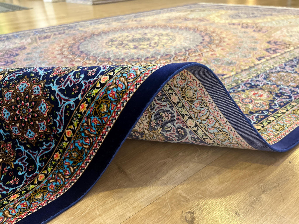 5x8 ft Silk Rug, Navy Blue Gold Medallion, Classic Turkish Style, Luxury Carpet