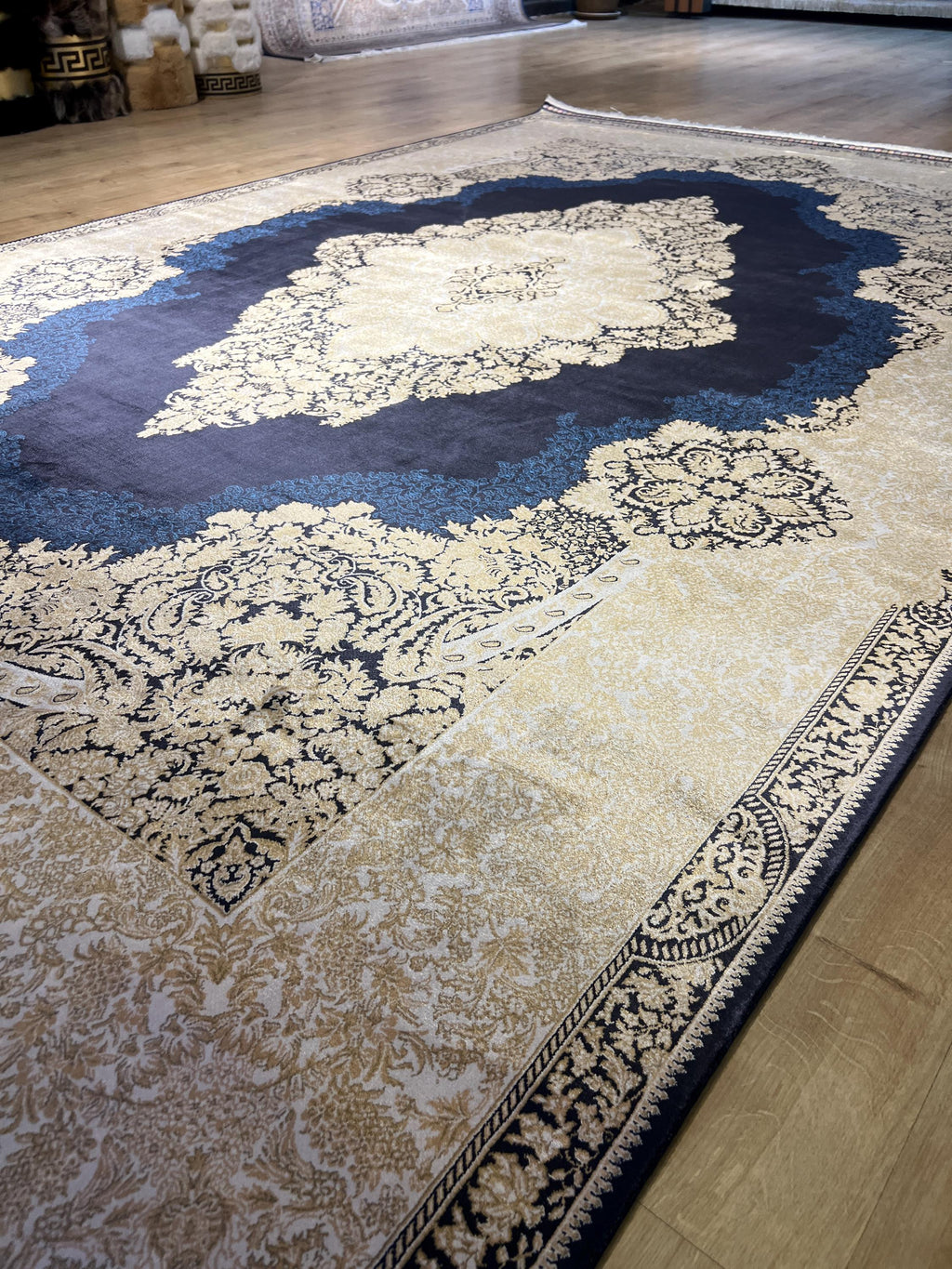 7x10 ft Navy Silk Rug, Gold Medallion and Border, Luxury Turkish Style