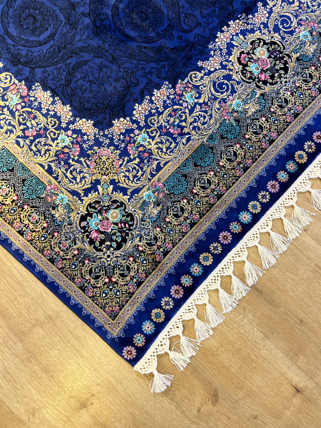 Navy Blue Silk Rug with Gold Floral Patterns, 4x6 ft, Classic Medallion Area Rug