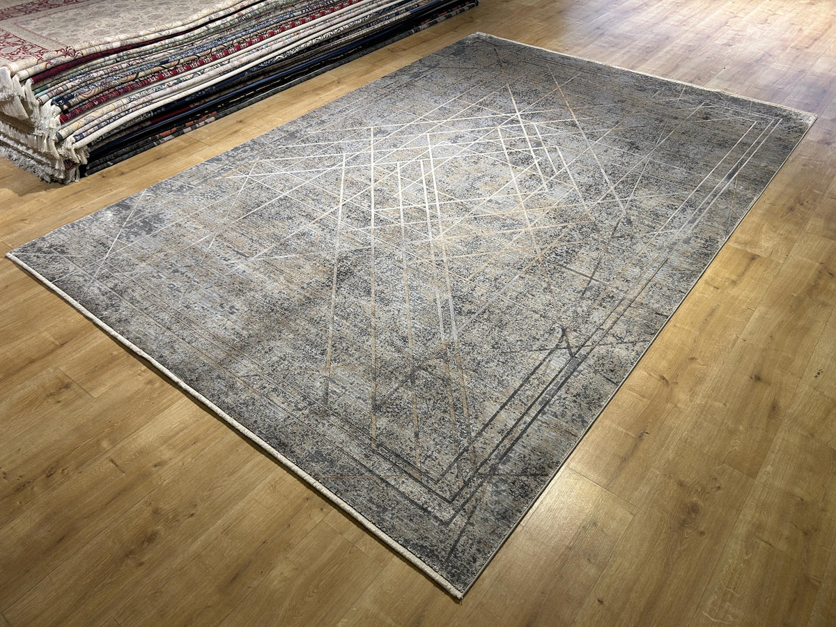 Gray Gold Bamboo Rug, Geometric Striped Pattern, Abstract Modern Area Rug
