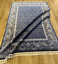 Dark Blue Silk Rug, Bordered Classic Turkish Carpet