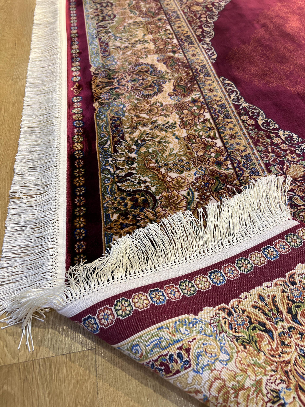 5x8 ft Red Silk Rug, Gold Green Floral Medallion, Elegant Turkish Carpet