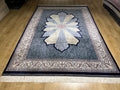 7x10 ft Navy Blue Silk Carpet, Traditional Pattern Rug
