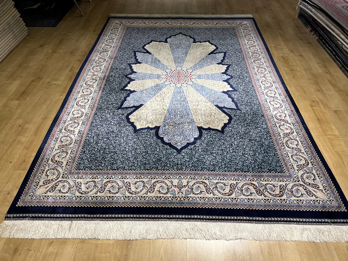 7x10 ft Navy Blue Silk Carpet, Traditional Pattern Rug