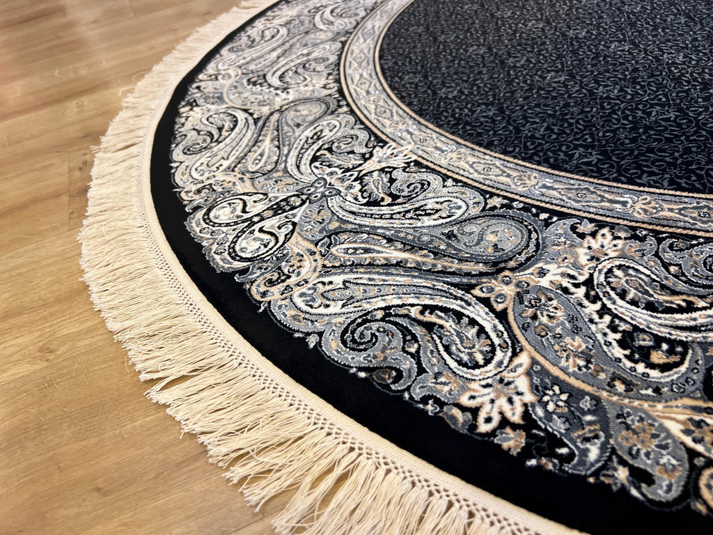 5x5 Ft Round Black Gray Silk Rug, Framed Border Design, Classic Luxury Area Rug