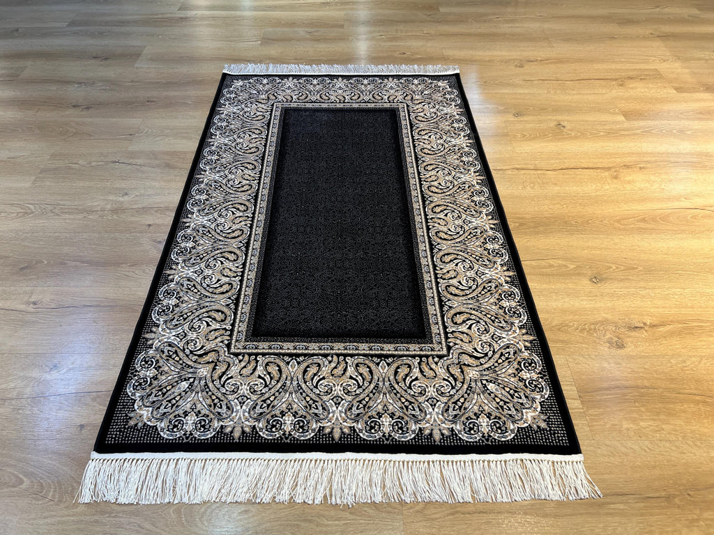Black Silk Rug with Framed Border, 3x5 ft, Classic Luxury Small Rug