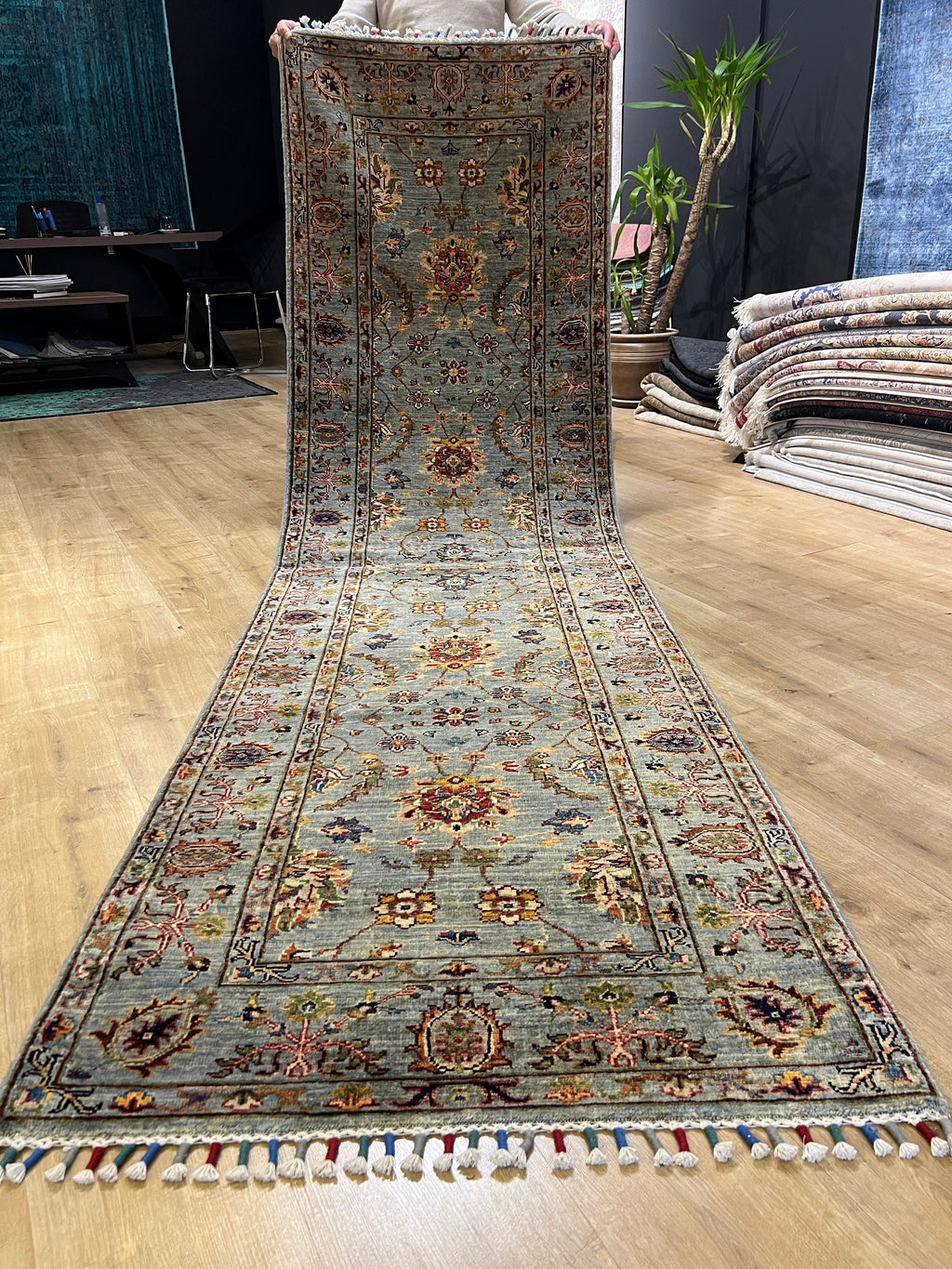 Blue Wool Rug, Traditional Turkish Style, 2.75x9.77 Ft