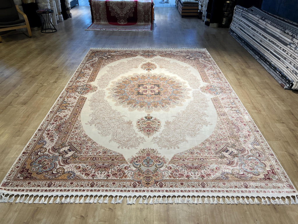 Cream Medallion Silk Rug, Turkish Style Home DEcor, 8x11 ft