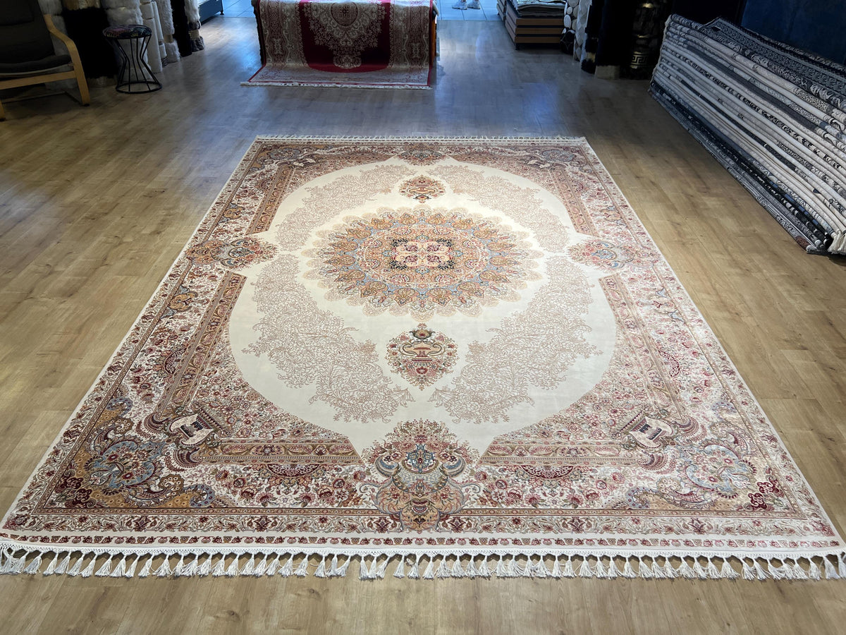 Cream Medallion Silk Rug, Turkish Style Home DEcor, 8x11 ft