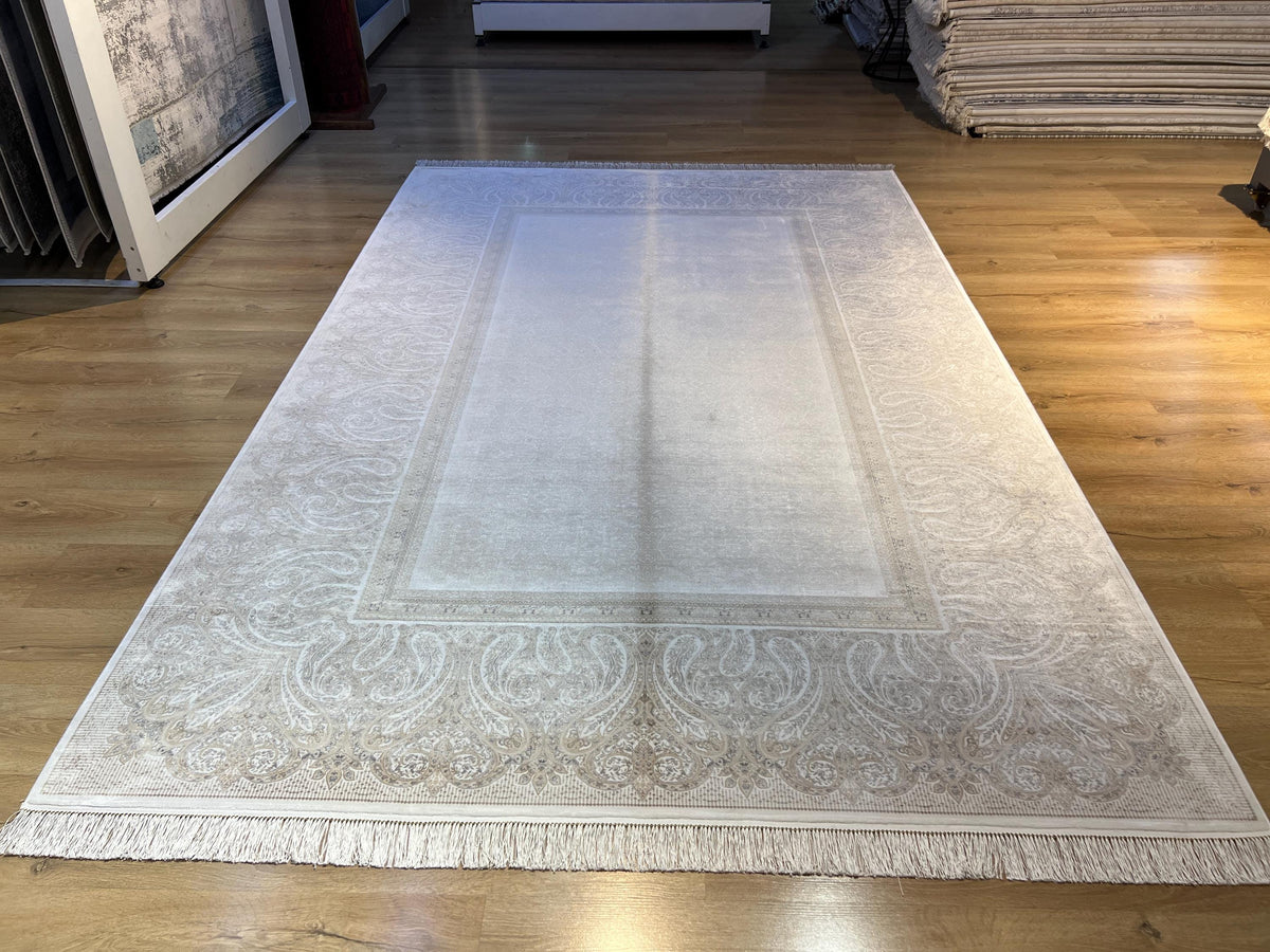 7x10 ft Cream Silk Rug, Grey Beige Border Design Modern Rug, Luxury Home Decor