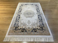 3x5 ft Ivory Silk Rug with Navy Blue Border Gold Medallion, Classic Turkish Rug