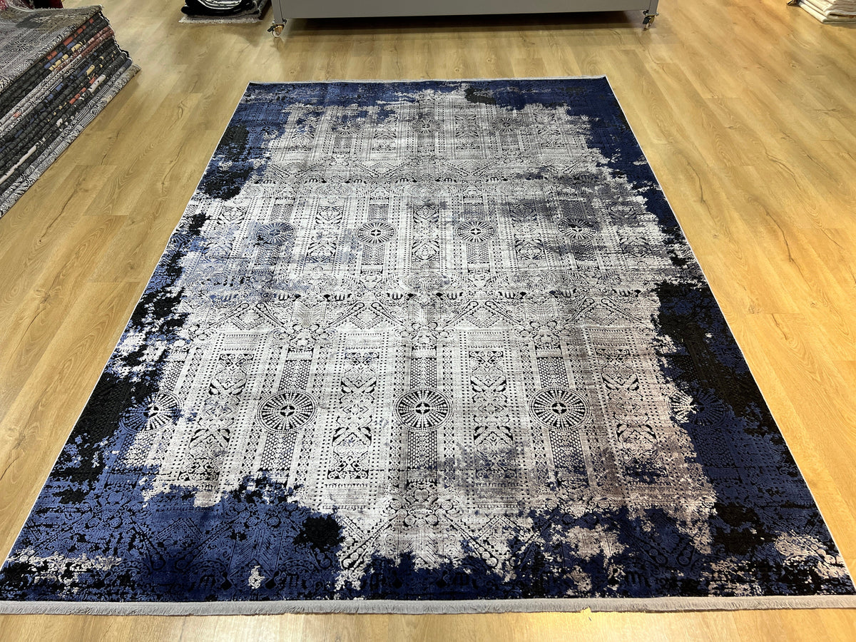 7x10 Ft Blue Gray Traditional Ethnic Pattern Distressed Bamboo Rug