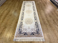 Ivory Silk Runner Rug with Navy Blue Border Gold Medallion, 3x10ft, Classic Turkish Rug