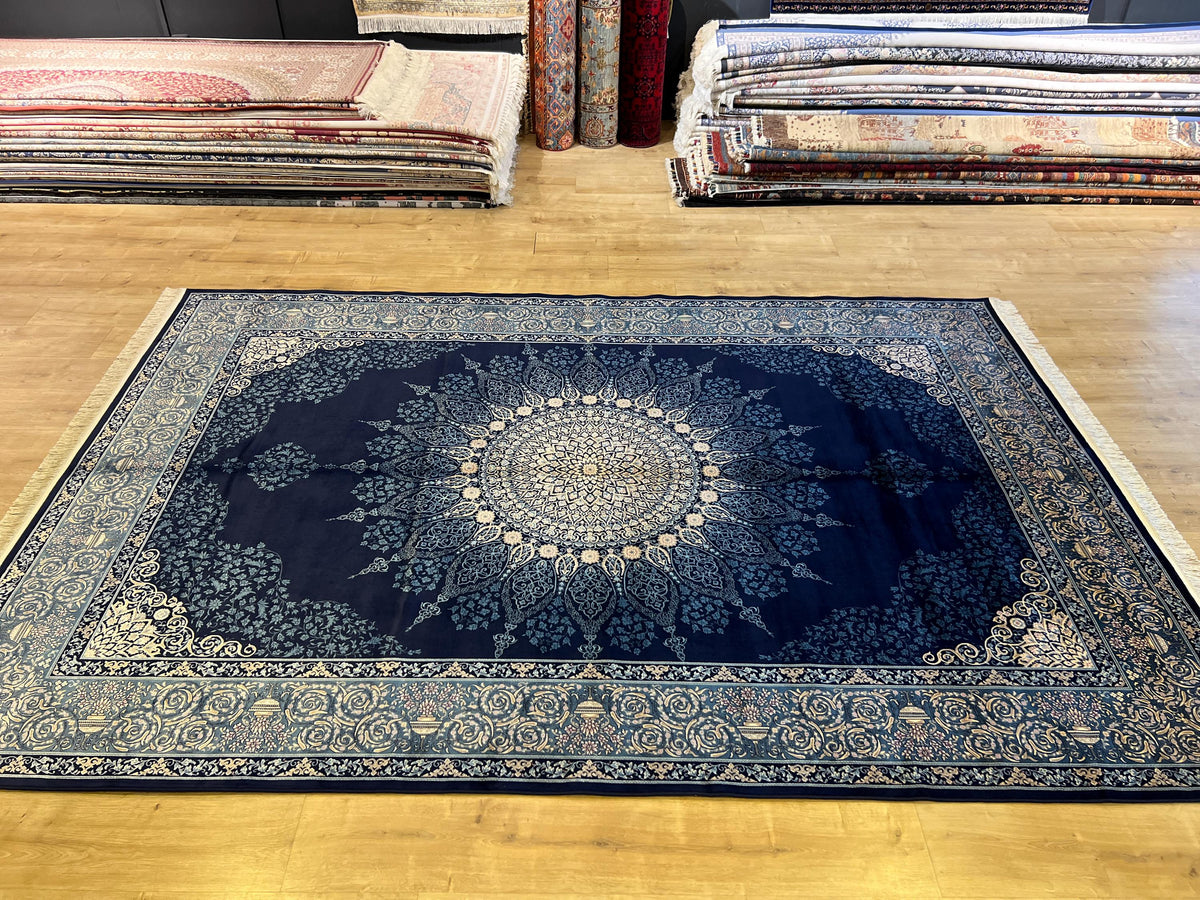 7x10 ft Elegant Navy Blue Silk Rug, Traditional Classic Medallion