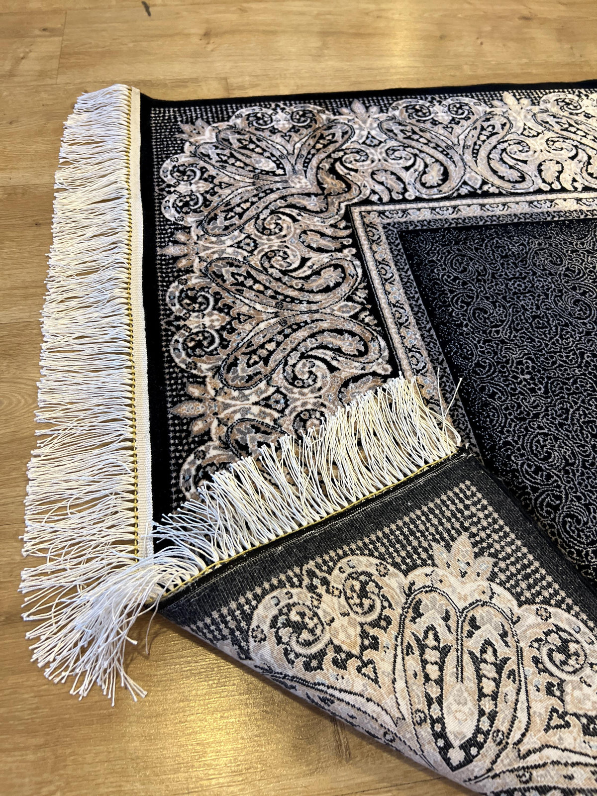 Black Silk Runner Rug with Framed Border, 3x10 ft, Classic Luxury Hallway Rug