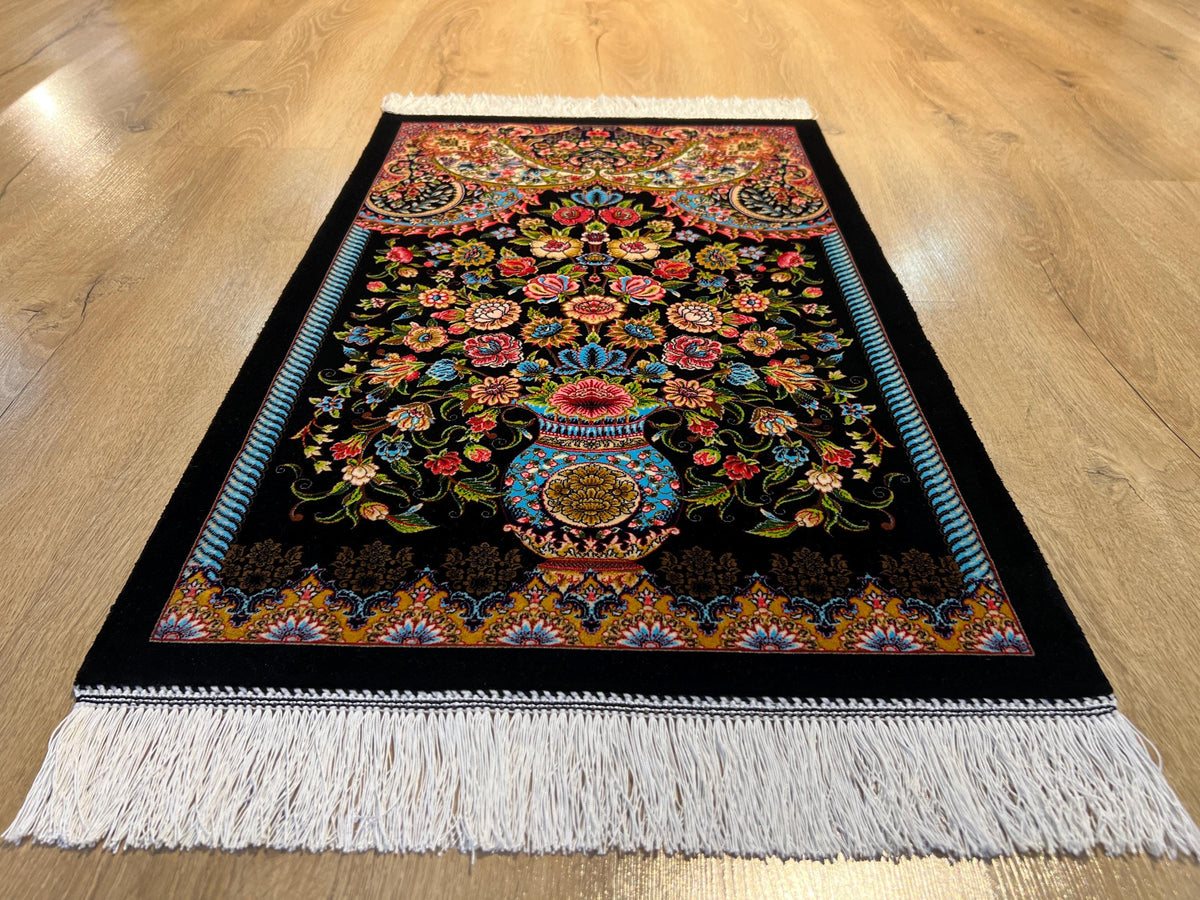 1.64x2.62 ft Black Floral Silk Tapestry Rug for Elegant Wall Decor