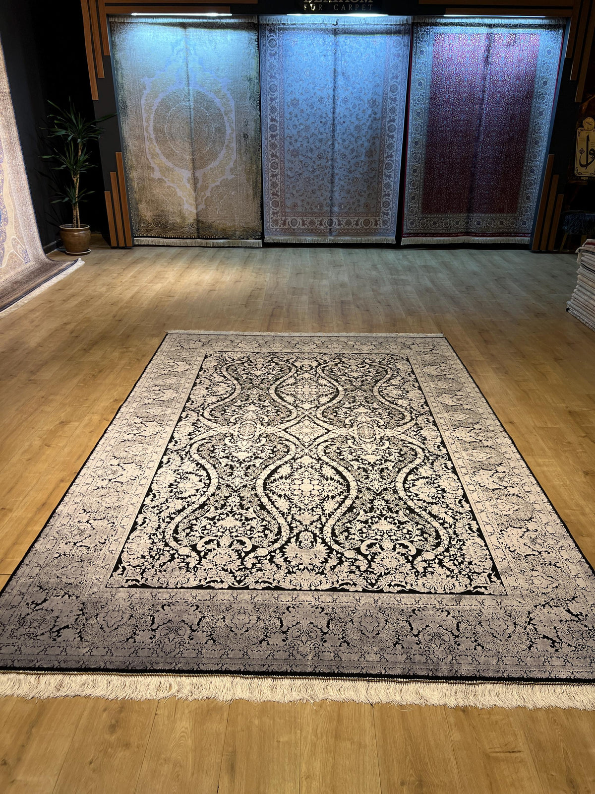 7x10 ft Black and Silver Turkish Style Rug, Traditional Area Rug, Living Room Carpet