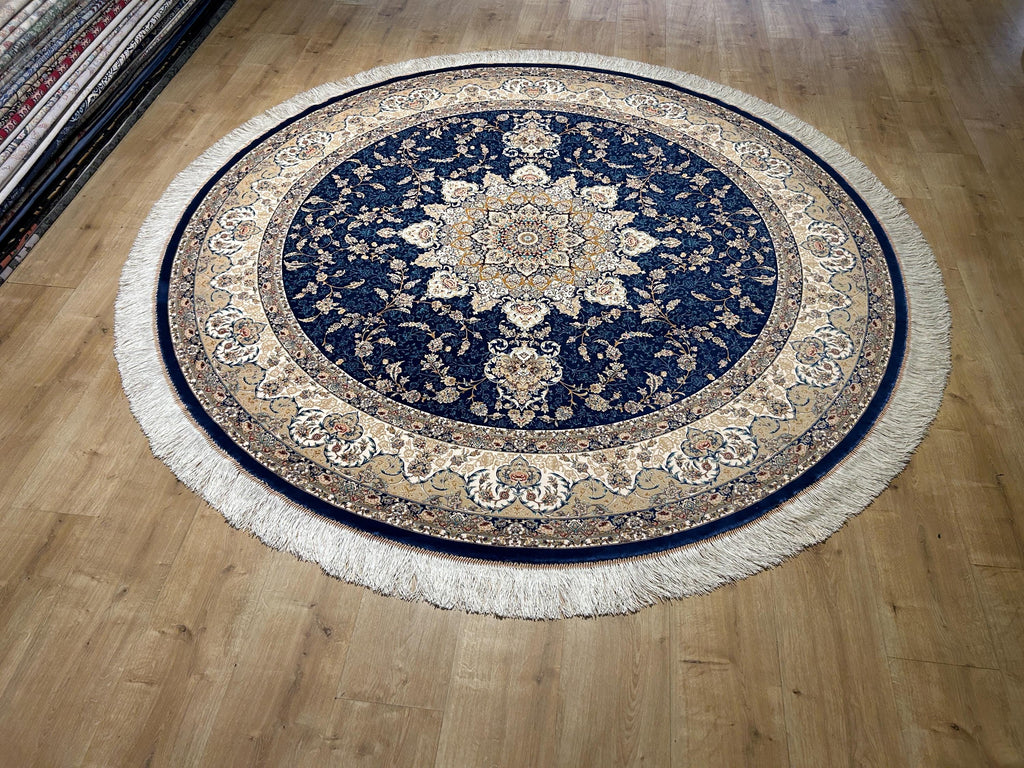 7x7 Ft Round Blue Beige Silk Rug, Classic Medallion Design Carpet