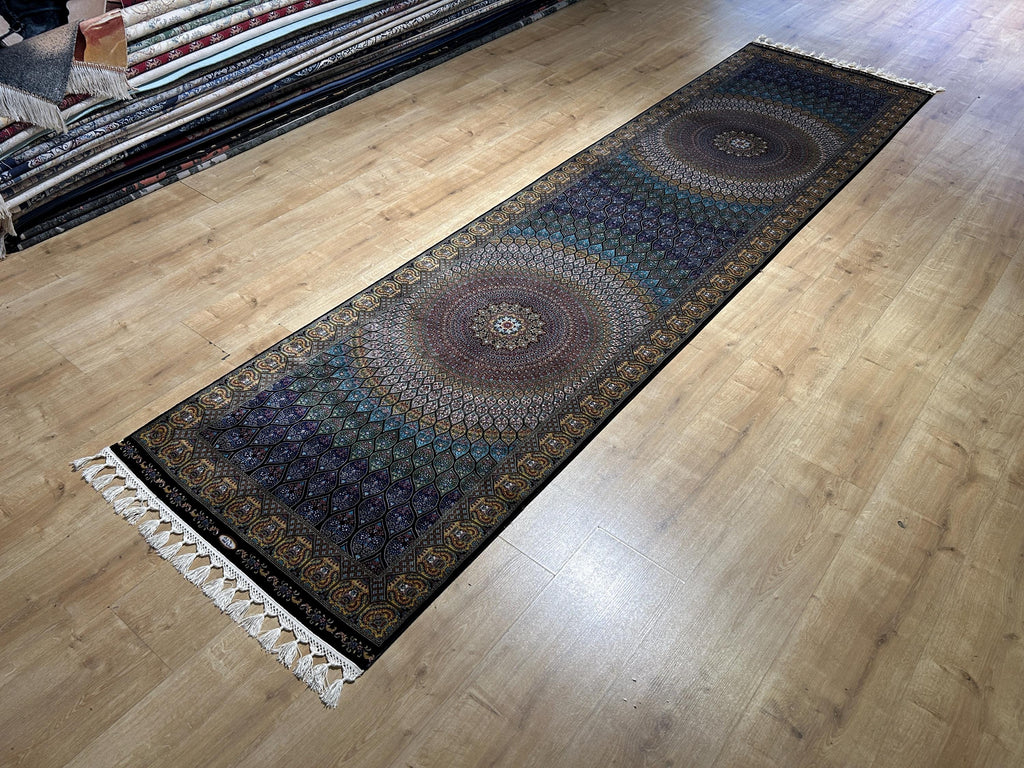 Blue Gold Silk Runner Rug, Medallion Peacock Tail Design Rug, Traditional Carpet