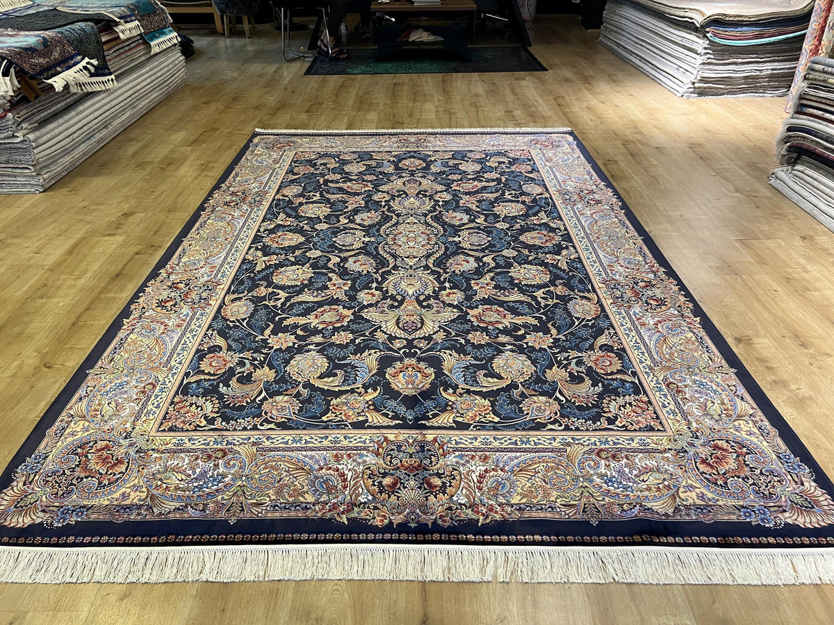 Dark Blue Silk Rug 6.5x9.8 ft, Traditional Turkish Carpet