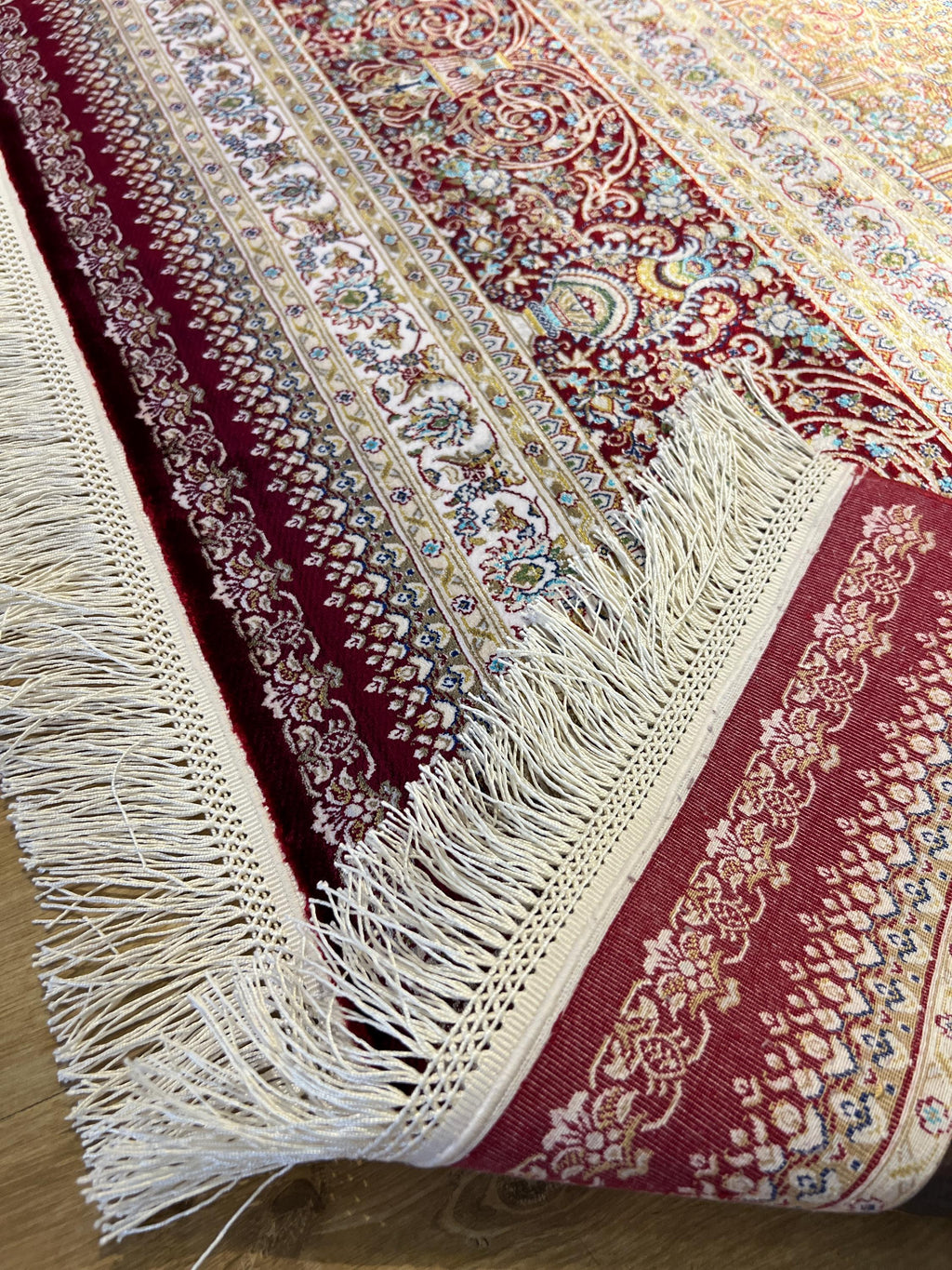 7x10 ft Large Modal Silk Rug, Red Gold Center Medallion, Luxury Living Room Decor