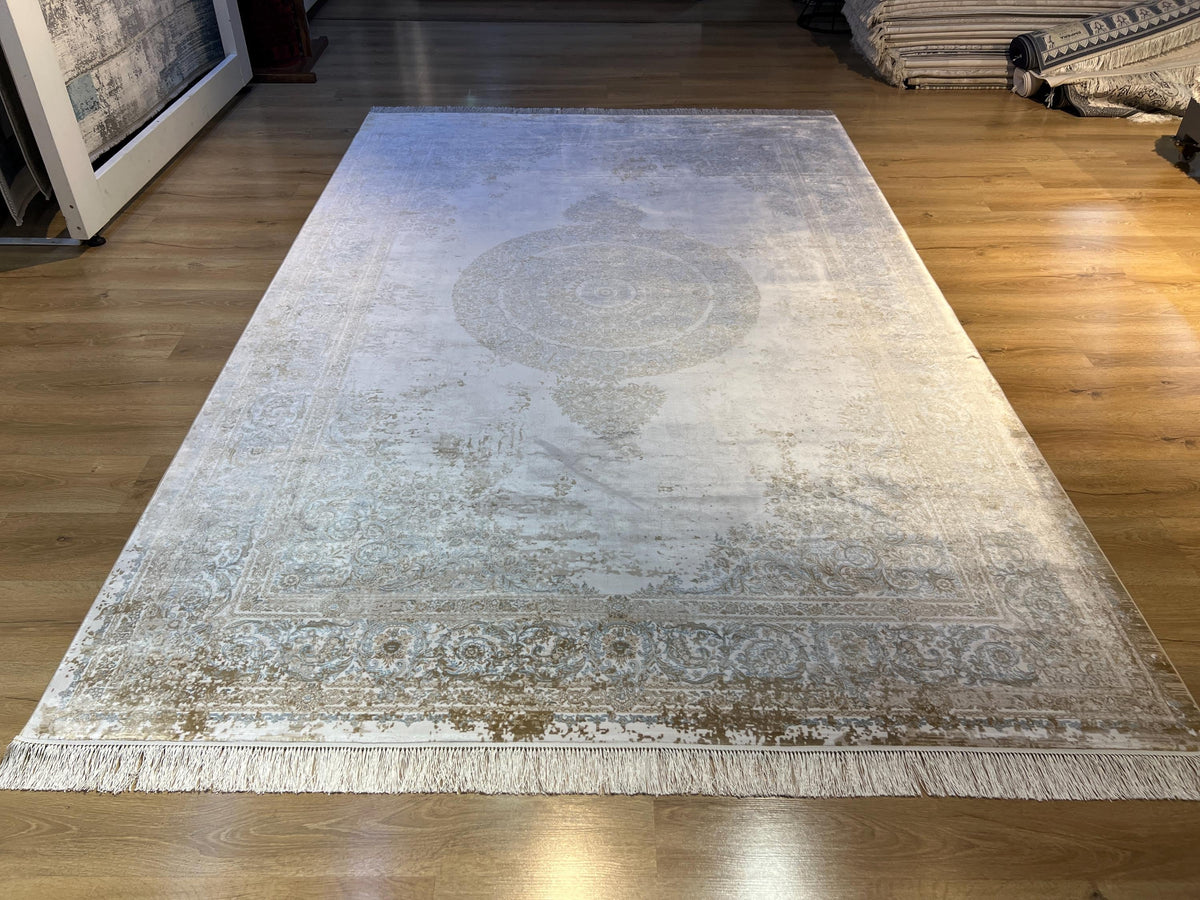 7x10 ft Cream Silk Rug with Beige Medallion and Border, Antique Style