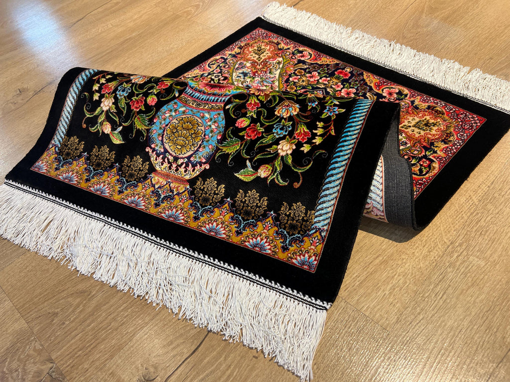 1.64x2.62 ft Black Floral Silk Tapestry Rug for Elegant Wall Decor
