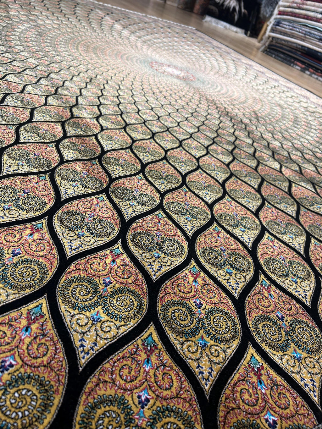 Gold Black Silk Rug, Medallion Peacock Tail Design Rug, Traditional Pattern Carpet