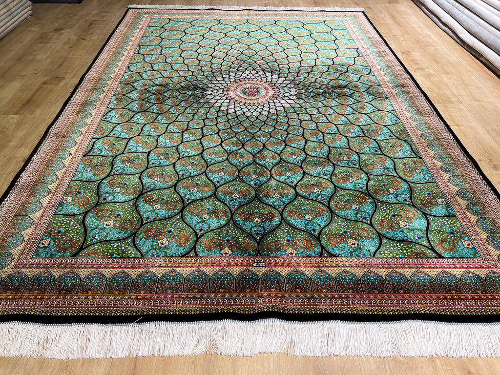 5x8 ft Green Silk Rug, Medallion Peacock Tail Design Rug, Luxury Carpet