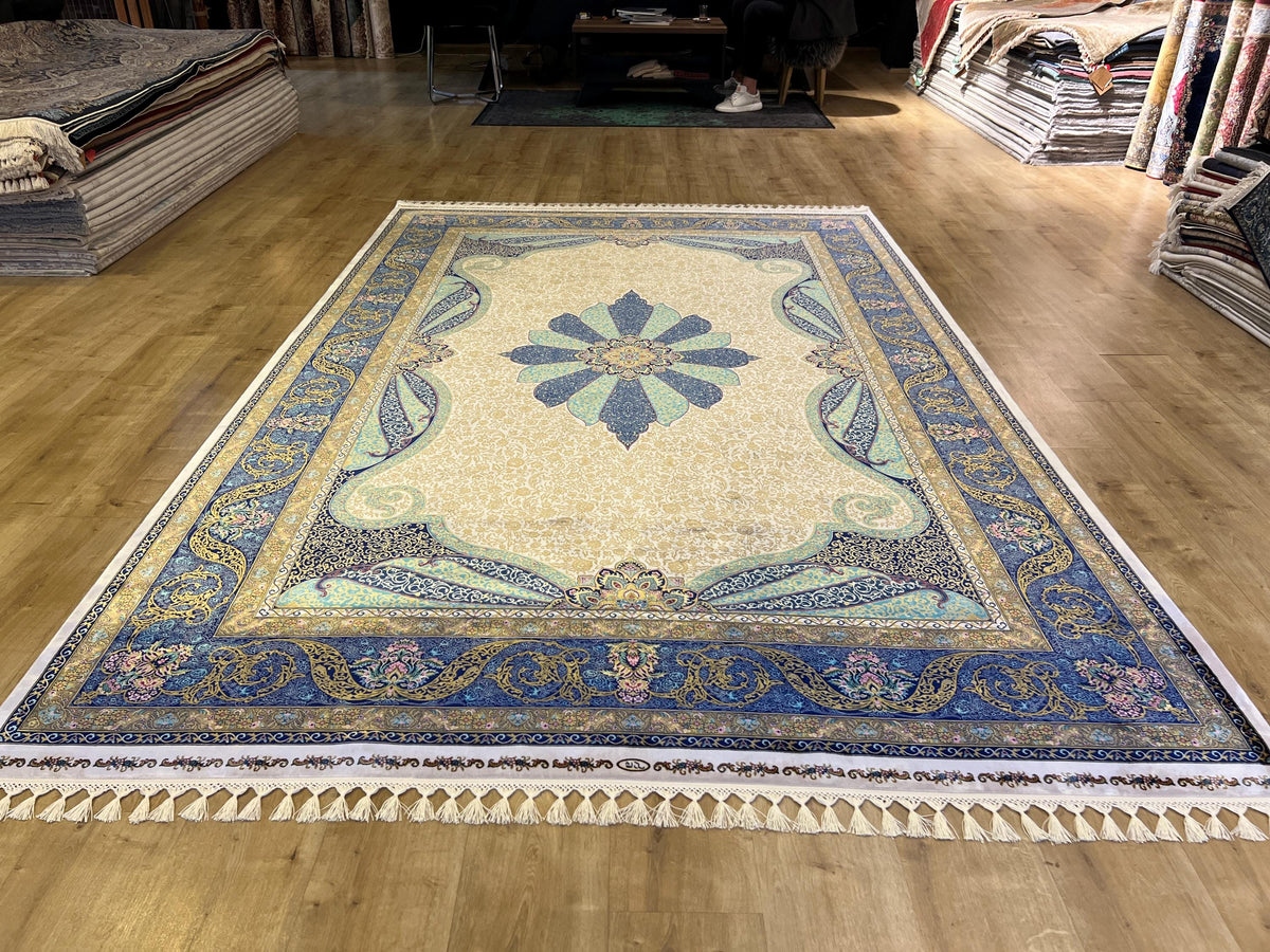Ivory Silk Rug, Gold Blue Medallion, Classic Traditional Style Carpet