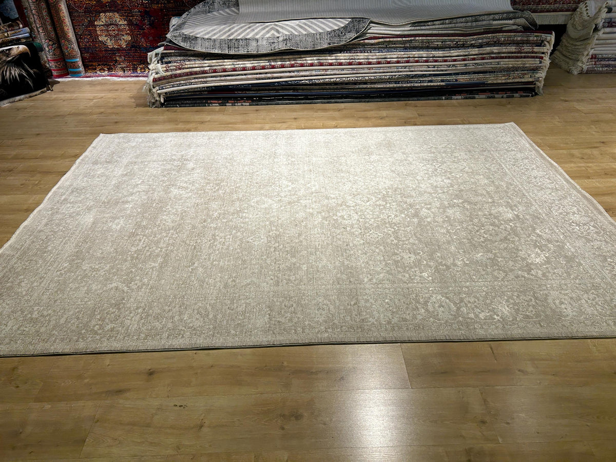 Beige Floral Distressed Bamboo Rug with Traditional Modern Floral Patterns