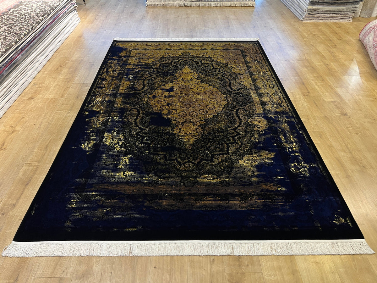 7x10 ft Navy Blue Silk Rug, Antique Distressed Pattern Gold Medallion, Classic Design