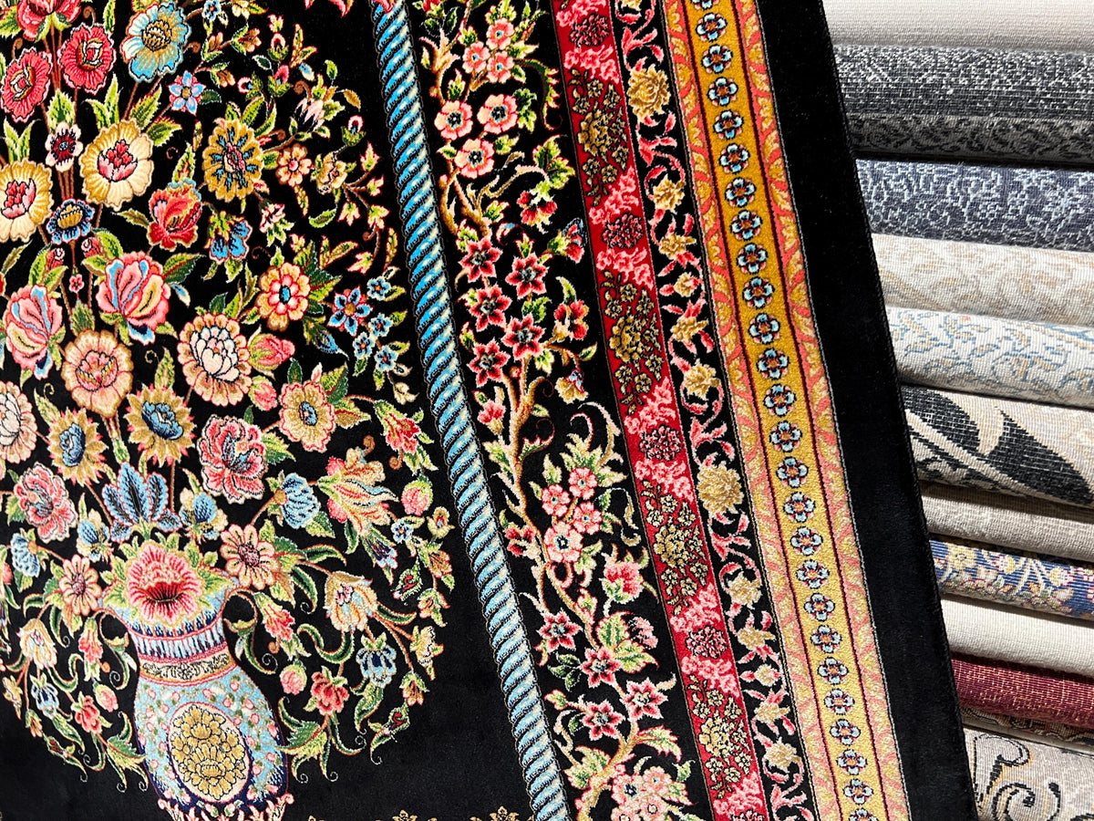 Black Small Silk Rug, Vase Pattern Wall Decor Mat, Floral Tapestry