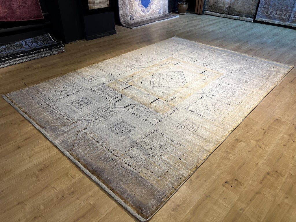 8x11 ft Gray Yellow Geometric Bamboo Rug with Ethnic Patterns, Modern Natural Carpet