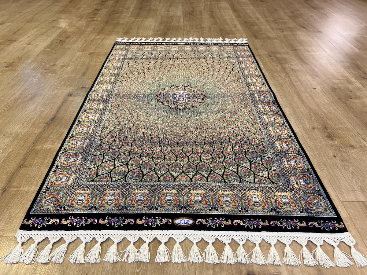 Black Gold Silk Turkish Rug, Small Gift Carpet, Home Decor