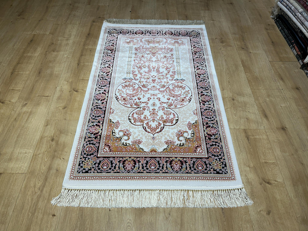 2.55x4.10 Ft Ivory Black Pink Silk Prayer Rug, Muslim Gift Prayer Mat