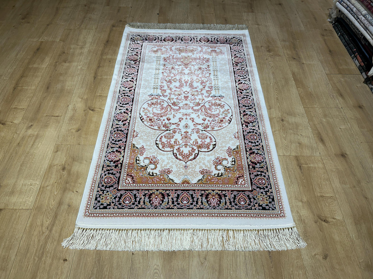 2.55x4.10 Ft Ivory Black Pink Silk Prayer Rug, Muslim Gift Prayer Mat